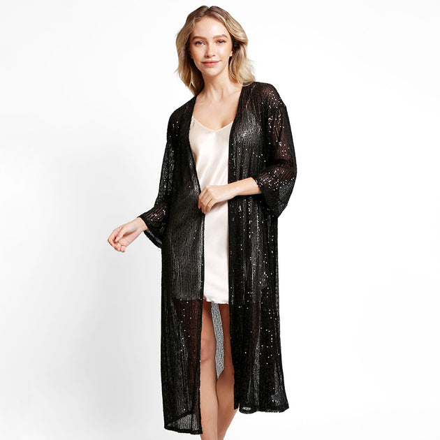 TRUEDAMES Sequin Kimono Cover-Up Black One Size 4