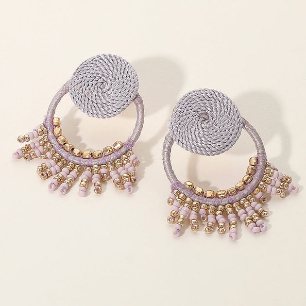 FASHNZFAB Rope Wrapped Beaded Fringe Open Circle Earrings Lavender Silver 3