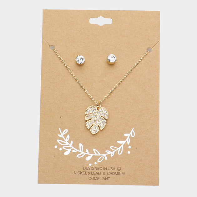 FASHNZFAB Tropical Leaf Pendant Necklace Gold 3