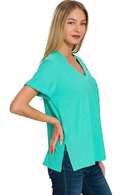 TRUEDAMES Slub Rolled Short Sleeve V-Neck Tee Blue Small 3