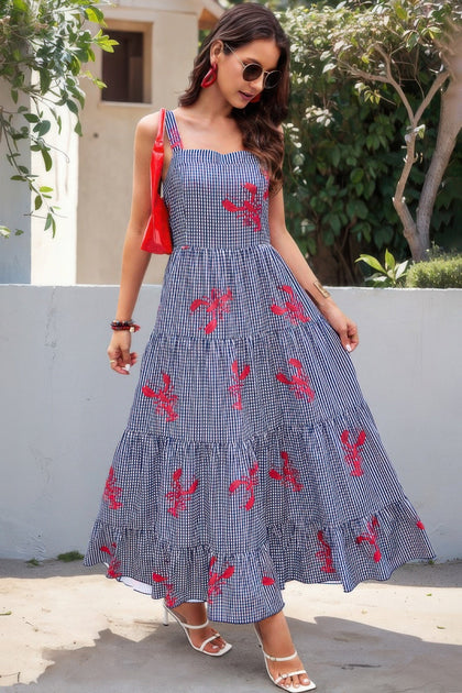 TRUEDAMES Plaid Lobster Print A Line Midi Dress Navy Small 2