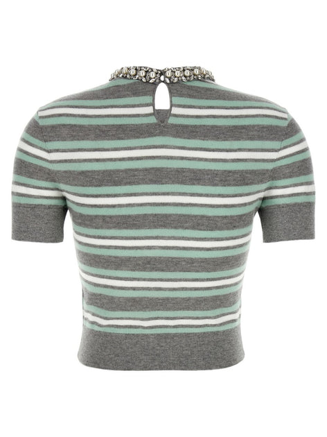 Tシャツ・カットソー SELF PORTRAIT 'Grey Striped Crystal Trim Knit' sweater Self-Portrait Grey Striped Crystal Trim Knit' Sweater