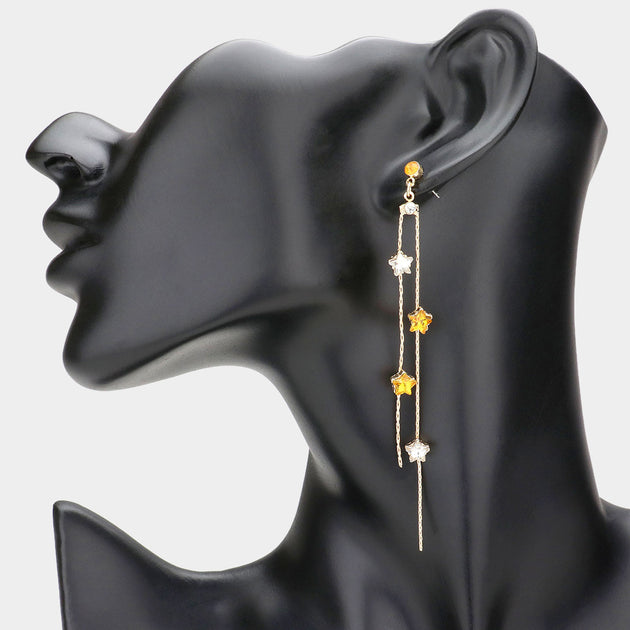 FASHNZFAB Star Stone Pointed Brass Metal Thread Earrings Lt Col Topaz Black 2