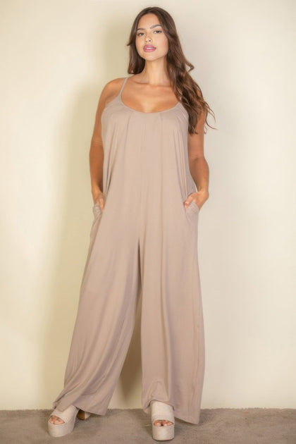 TRUEDAMES Plus Spaghetti Strap Wide Jumpsuit Beige 1X 4