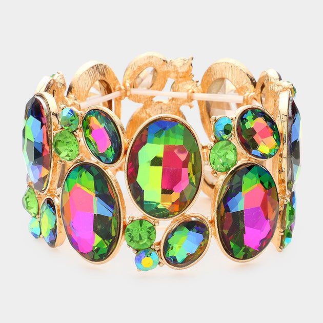 FASHNZFAB Oval Crystal Rhinestone Stretch Bracelet Green One Size 2