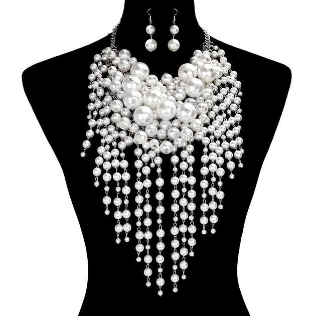 FASHNZFAB Pearl Cluster Statement Necklace White One Size 3