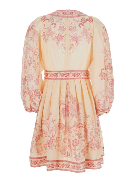【Zimmermann】LUCKY PLUNGE MINI DRESS プランジ ミニドレス Zimmermann Lucky Plunge Mini Dress in Cream & Floral Pink