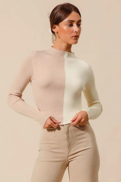 TRUEDAMES Color Block Crop Sweater Beige Small 2