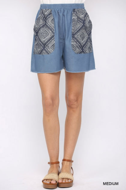 TRUEDAMES Denim Print Pockets Elastic Waist Shorts Blue Medium 2