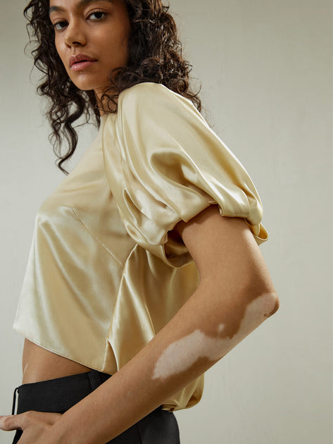 LILYSIL Puff Short Sleeve Silk Top Gold US 6 4