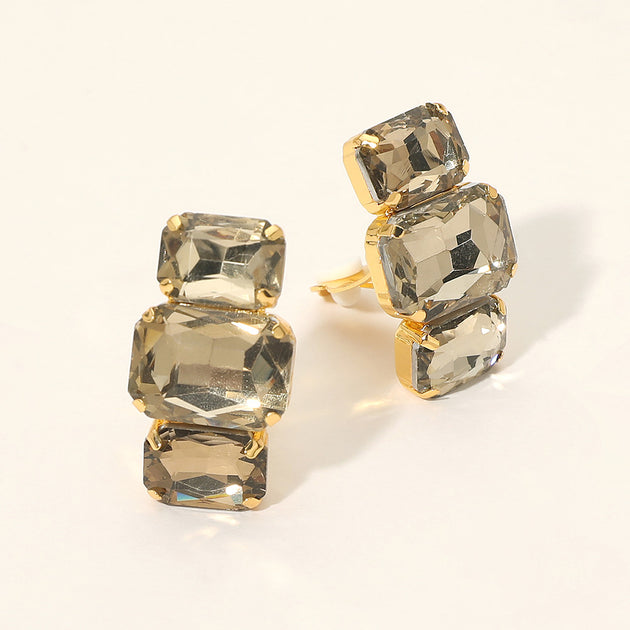 FASHNZFAB Triple Rectangular Faceted Stone Evening Clip On Earrings Black 3