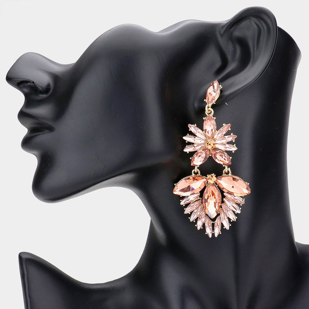 FASHNZFAB Marquise Stone Cluster Chandelier Dangle Earrings Peach Black 2