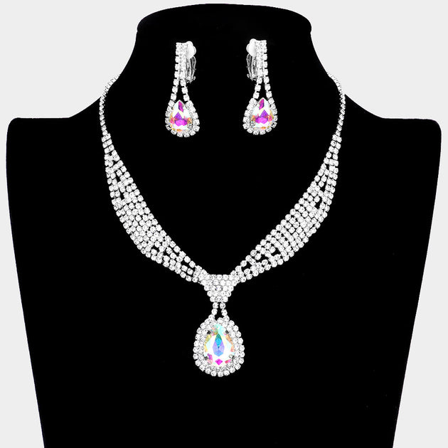 FASHNZFAB Teardrop Necklace and Earring Set Silver Purple One Size 2