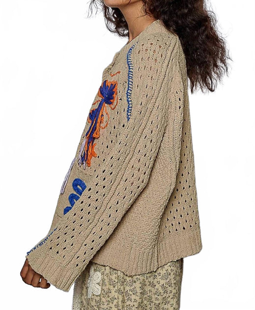 POL Langarm Cardigan mit Blumenmuster Braun Large 4