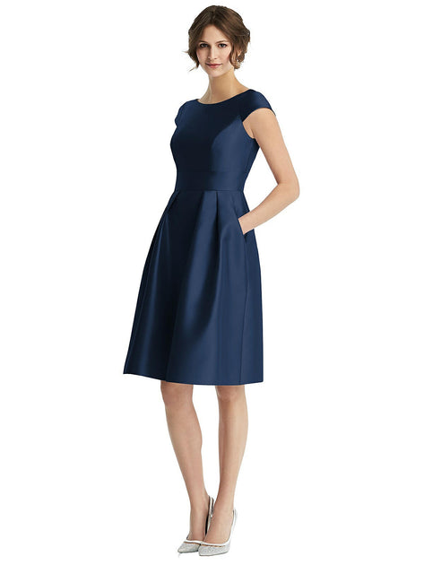 alfred sung cap sleeve pleated cocktail dress with pockets Alfred Sung Womens Cap Sleeve Short Fit & Flare Dress Black 18