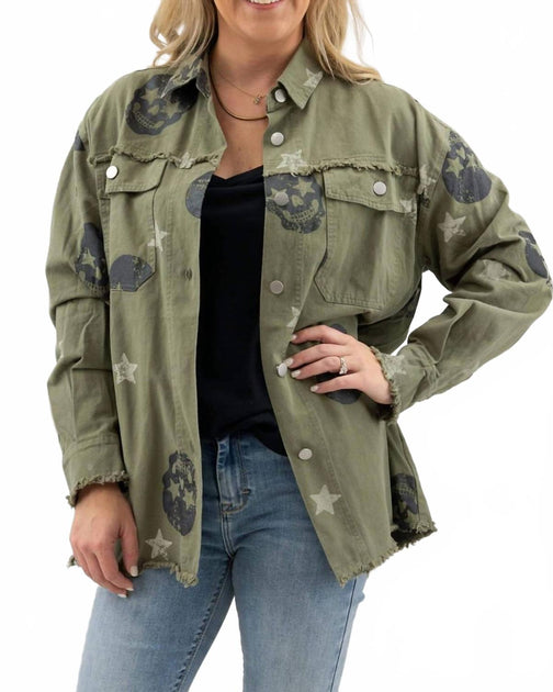 Fantastic Fawn Oversized Skull Shacket Green Small 3