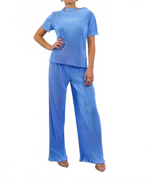 SurelyMine Pleated Mock Neck Short Sleeve Pant Set Blue Large 2