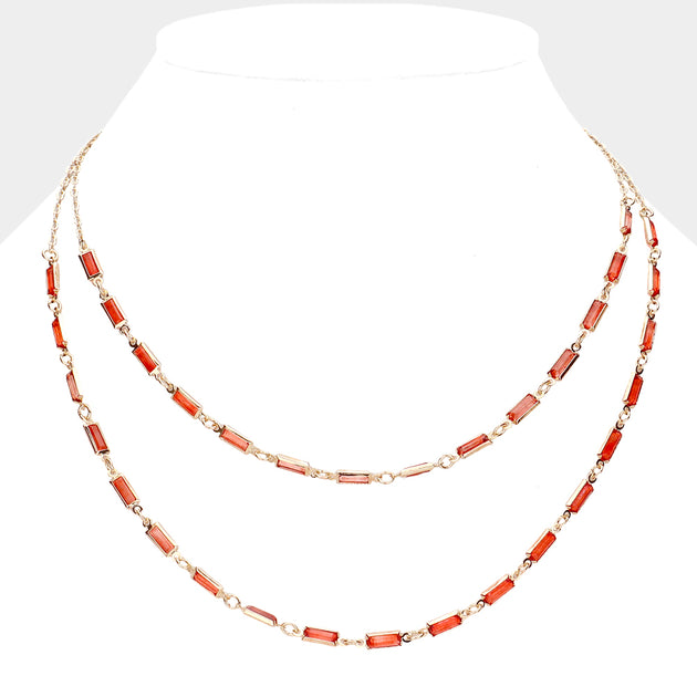 FASHNZFAB Emerald Cut Stone Bezel Link Double Layered Necklace Red 3