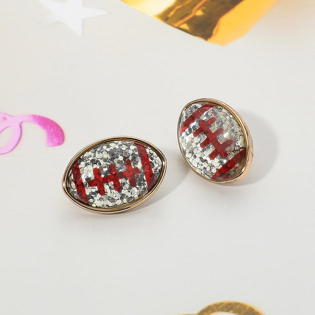 FASHNZFAB Glittered Football Stud Earrings Red 7