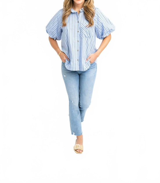Karlie Striped Poplin Bubble Sleeve Top Blue Large 3