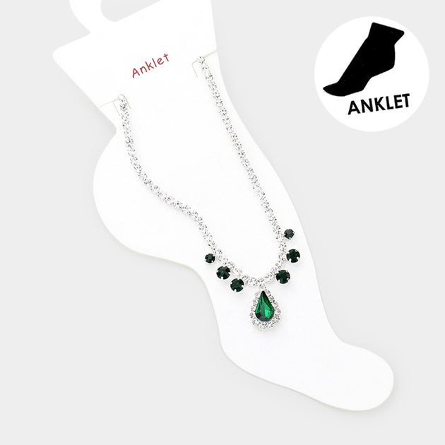 FASHNZFAB Teardrop Stone Accented Anklet Silver 3