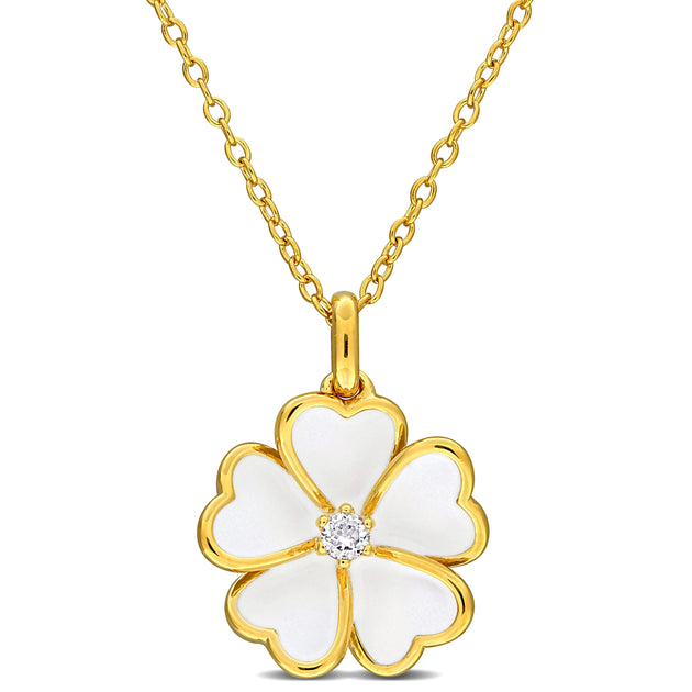 Mimi & Max 1/10ct White Topaz White Enamel Plated Flower Necklace