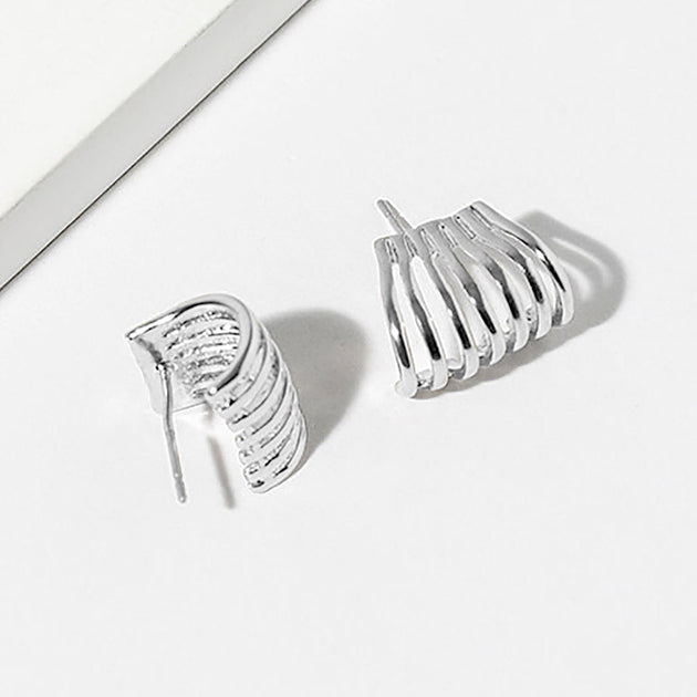 FASHNZFAB Ribbed Cuff Stud Earrings Silver 3
