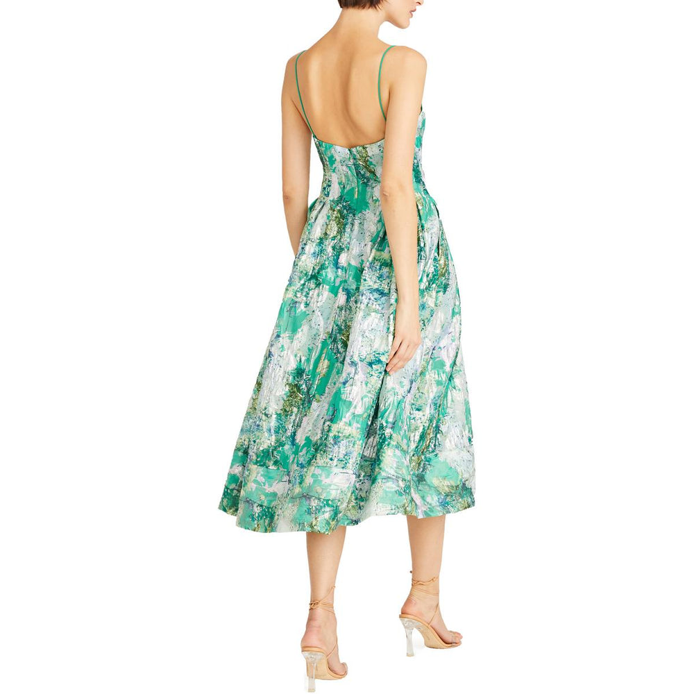 ml monique lhuillier pleated short-sleeve midi-dress ML Monique Lhuillier Pleated Belted Floral Midi-Dress