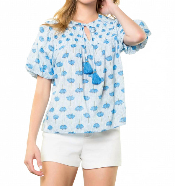 THML Puff Sleeve Floral Top Blue Medium 3