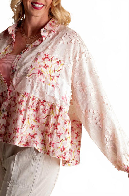 POL Quinn Lace Button Down Top Pink Large 2