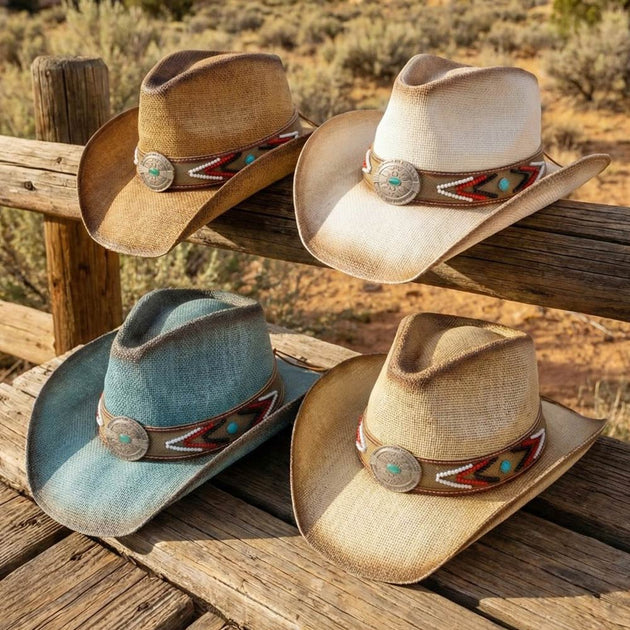 FASHNZFAB Concho Beaded Western Straw Cowboy Hat Beige 5