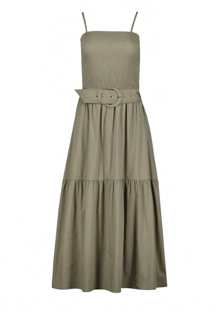 Bishop + Young Stella Smock Tiered Midi Dress Beige Small 4