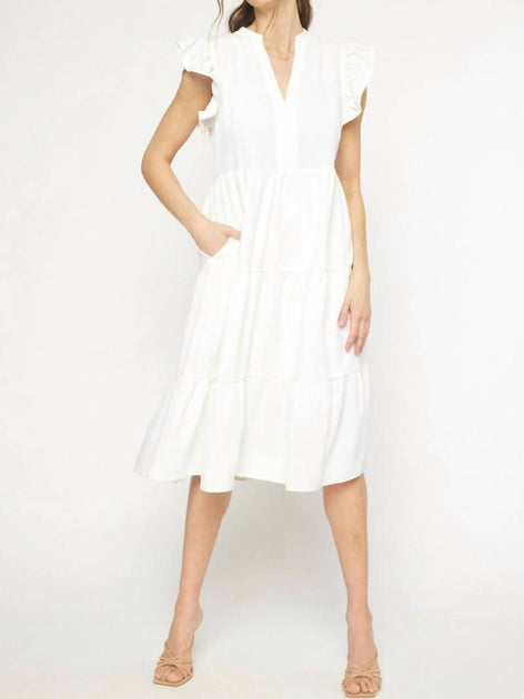 Entro Ruffled Pocket Tiered Midi Dress White Small 2