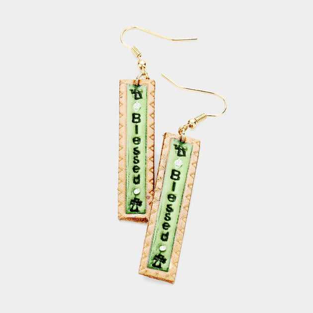 FASHNZFAB Blessed Genuine Leather Bar Dangle Earrings Green 2