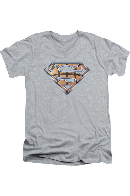 Gildan Superman Basketball Shield V-Neck T-Shirt Grey Medium 2