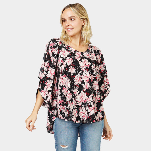 TRUEDAMES Flower Printed Poncho Green One Size 3