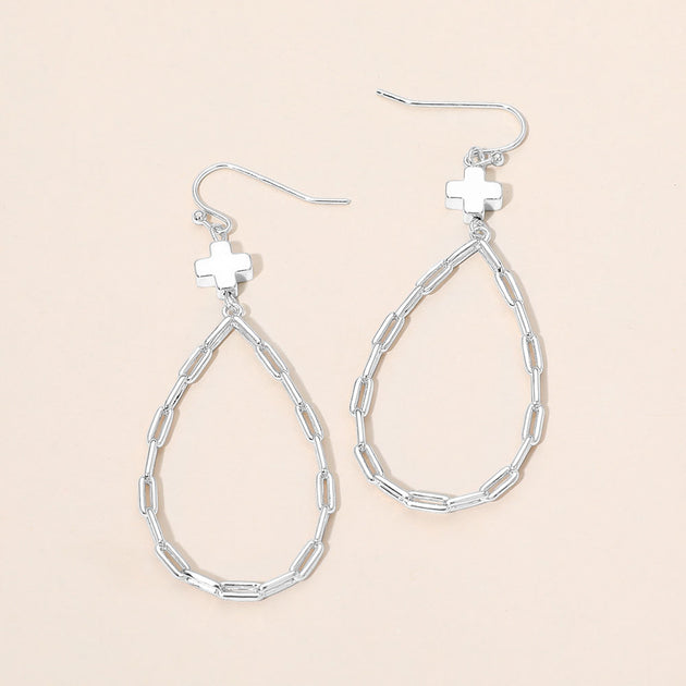 FASHNZFAB Cross Charm Paperclip Chain Teardrop Earrings Gold 3