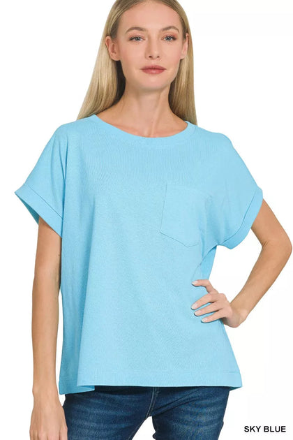 TRUEDAMES Cuffed Front Pocket Short Sleeve Tee Blue Small 2