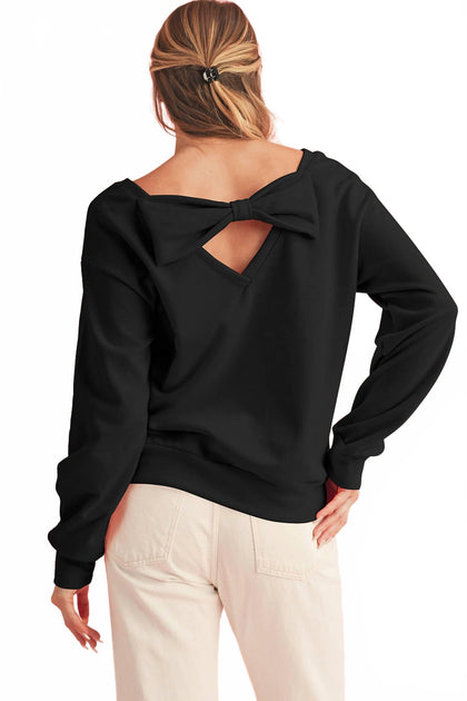 Shewin Bowknot Round Neck Sweatshirt Black Large 3