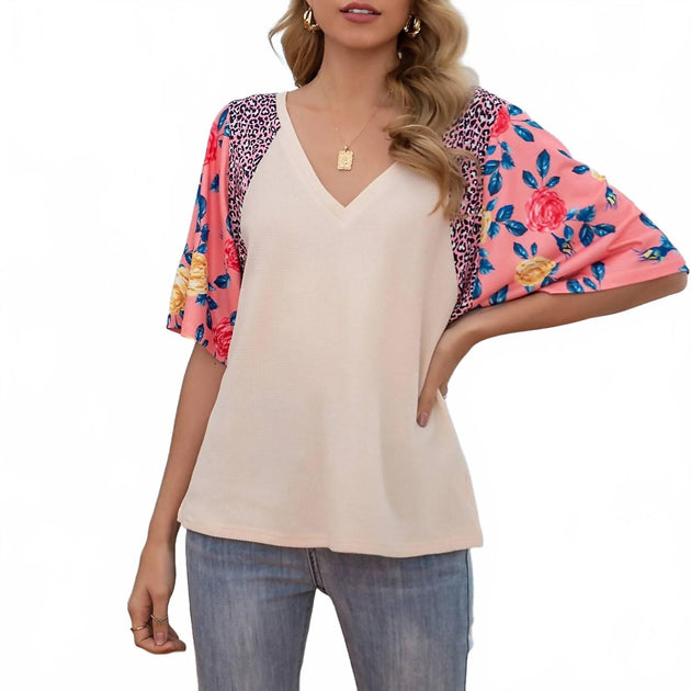 C+D+M Waffle Floral Leopard Sleeve Top Beige Large 4
