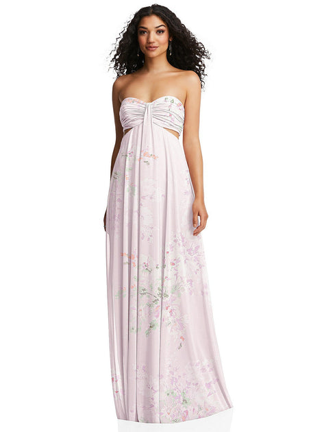 Strapless Empire Waist Cutout Maxi Dress with Covered Button Detail
