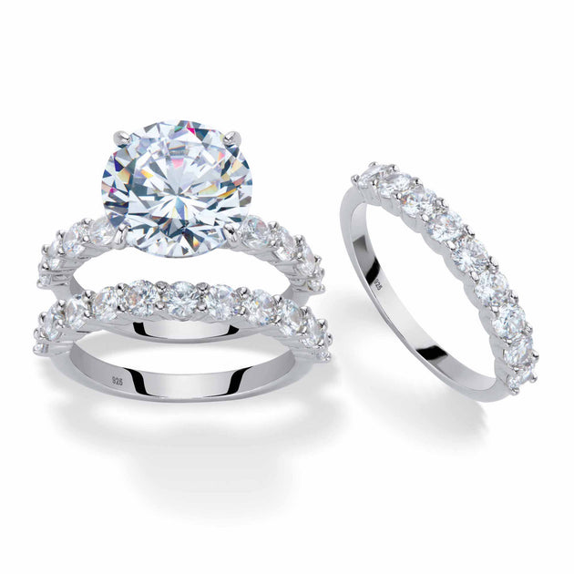Palm Cubic Zirconia Platinum-Plated Bridal Ring Set Silver US 8 2