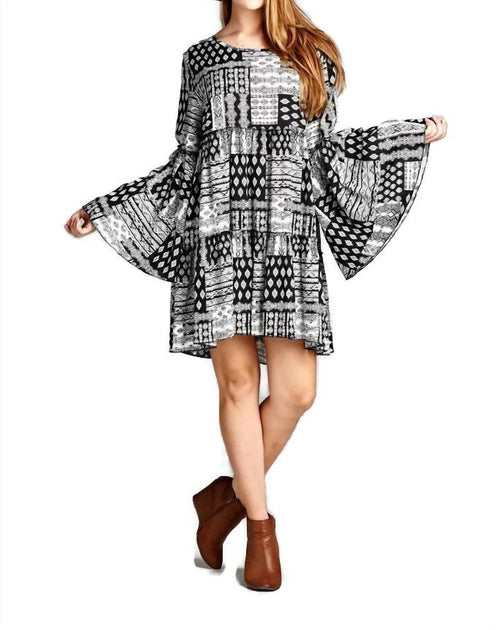 Velzera Multi-Pattern Bell Sleeve Mini Dress Grey 1X 3