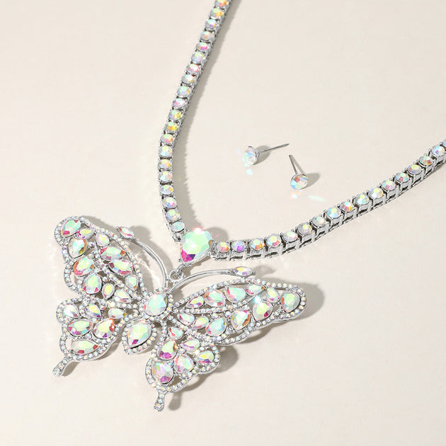 FASHNZFAB Rhinestone Butterfly Pendant Necklace Set Blue 4