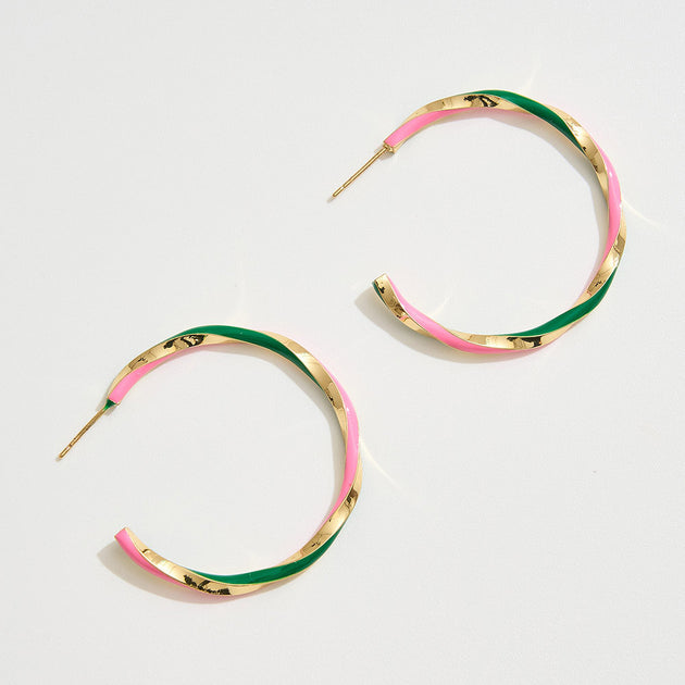 FASHNZFAB Twisted Enamel Hoop Earrings Gold Pink 2