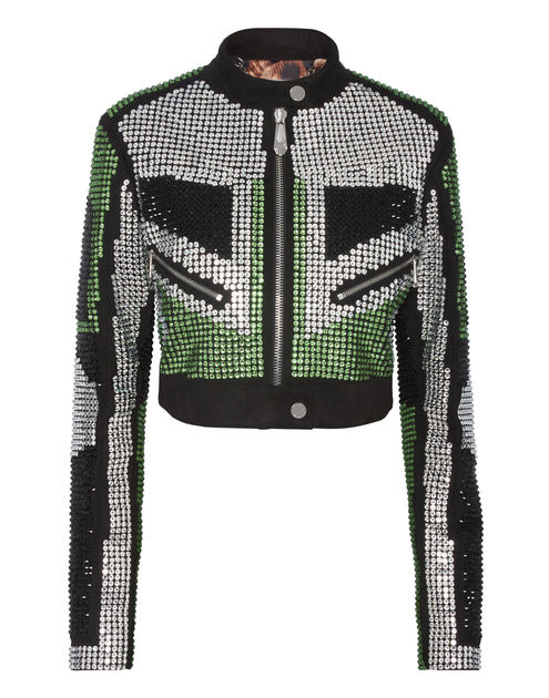 Philipp Plein Cropped Leather Biker Jacket Strass Black Small 2
