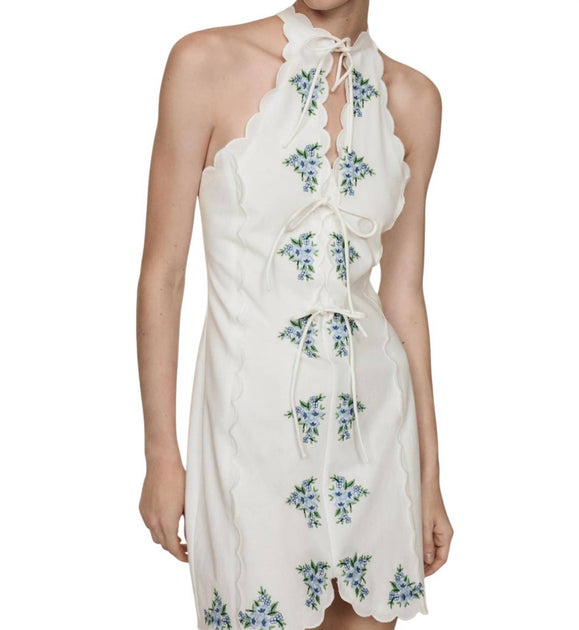 Fate Embroidered Scalloped Linen Dress White Medium 4