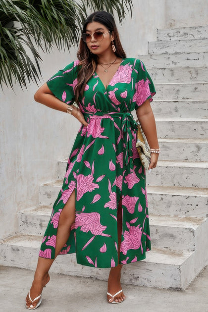 TRUEDAMES Plus Floral Short Sleeve Split Belted Midi Dress Green 0X 4
