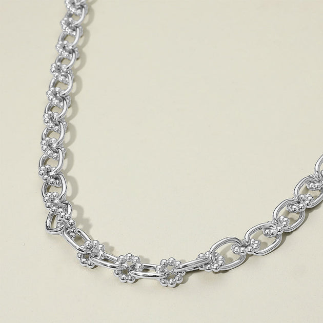 FASHNZFAB Bubble Floral Link Chain Necklace Silver 5
