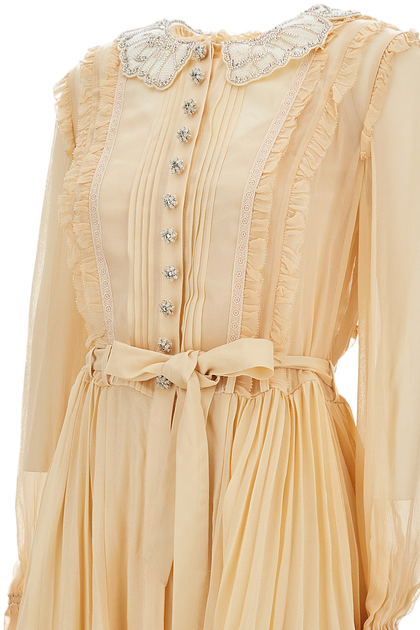 Self-Portrait Pleated Georgette Mini Dress Beige UK 6 4